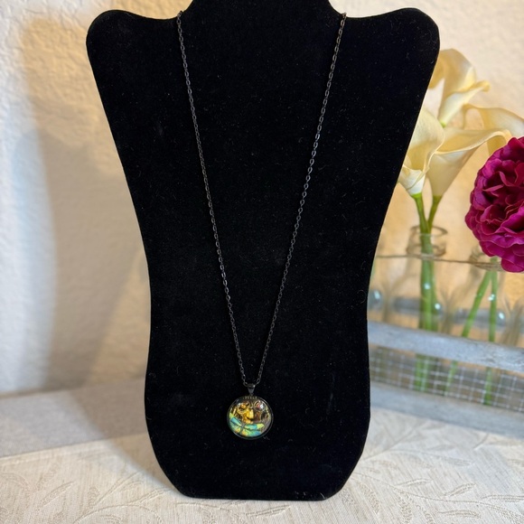 Mechanical or Scientist face and blue butterfly/moth necklace. 24” - Picture 4 of 4